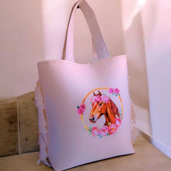 Elegant Horse Print Tote Bag - Soft Pink - Picture 2 of 3